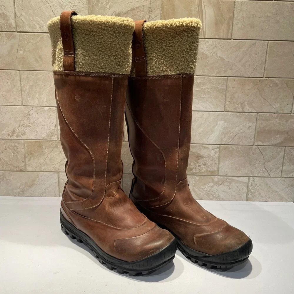 Timberland Brown Leather Faux Shearling Tall Winter Boots Womens 7M